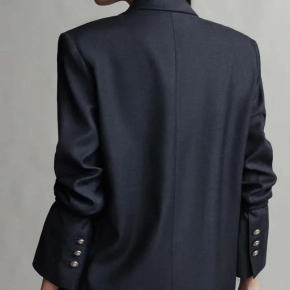TWP Mo Wool-Blend Oversized Blazer Indigo Charcoal Pinstripe Size S New w/o Tags - Picture 2 of 10